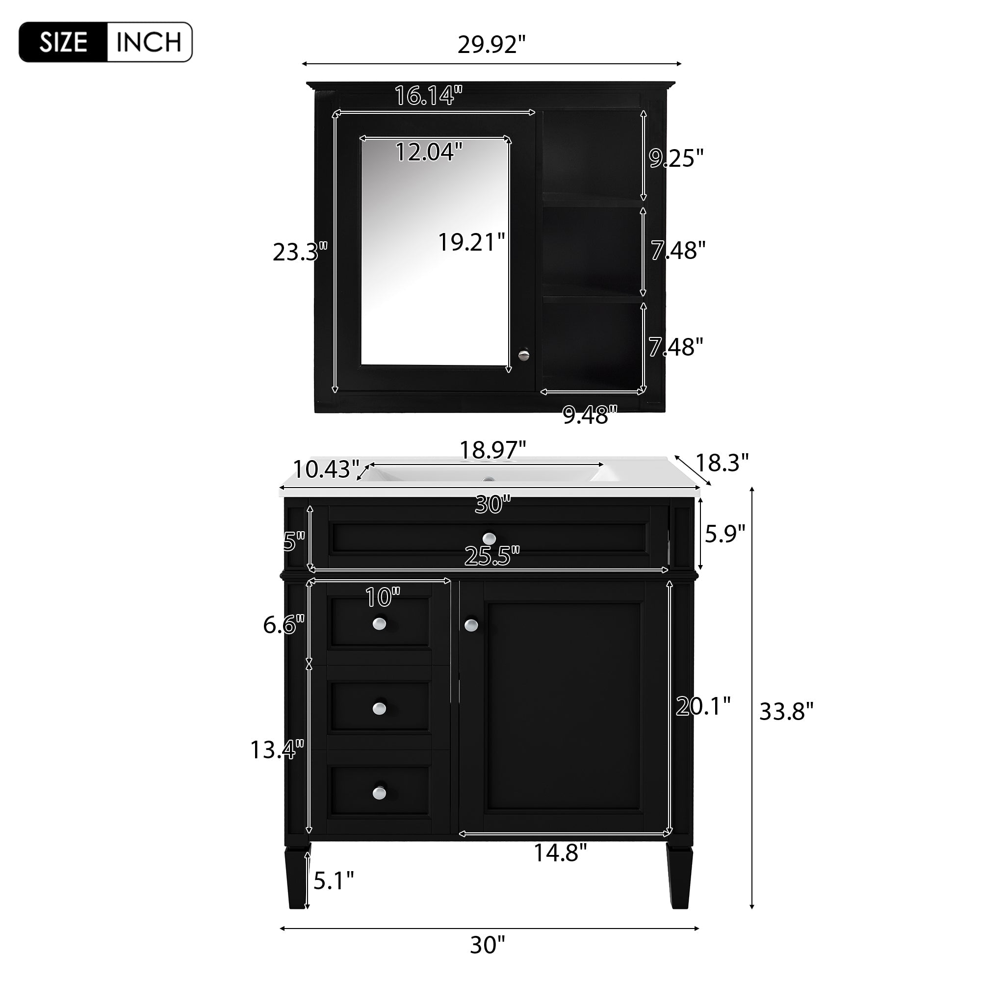 30" Bathroom Vanity with Top Sink, Modern Storage Cabinet