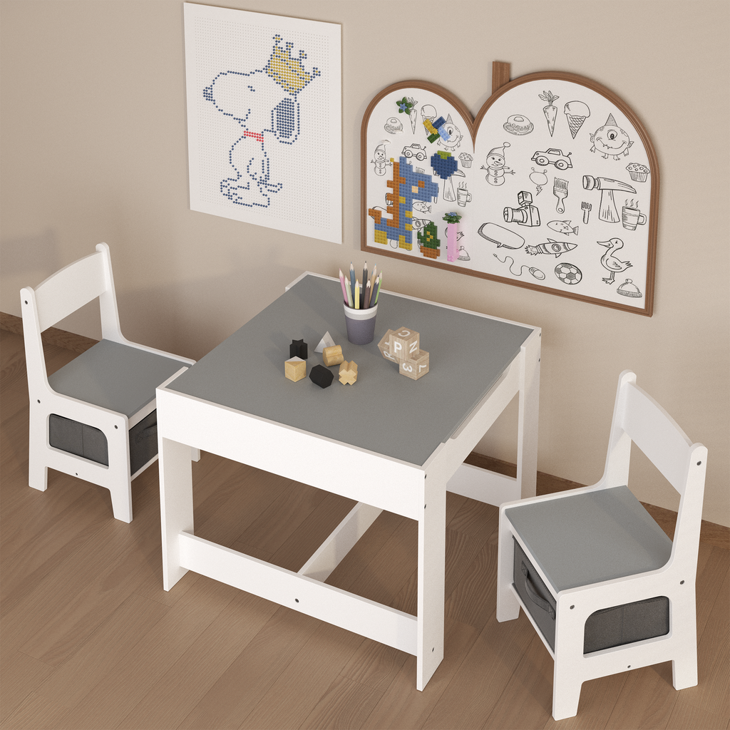 Kids Table and Chair Set, 3 in 1 Wooden Activity Table