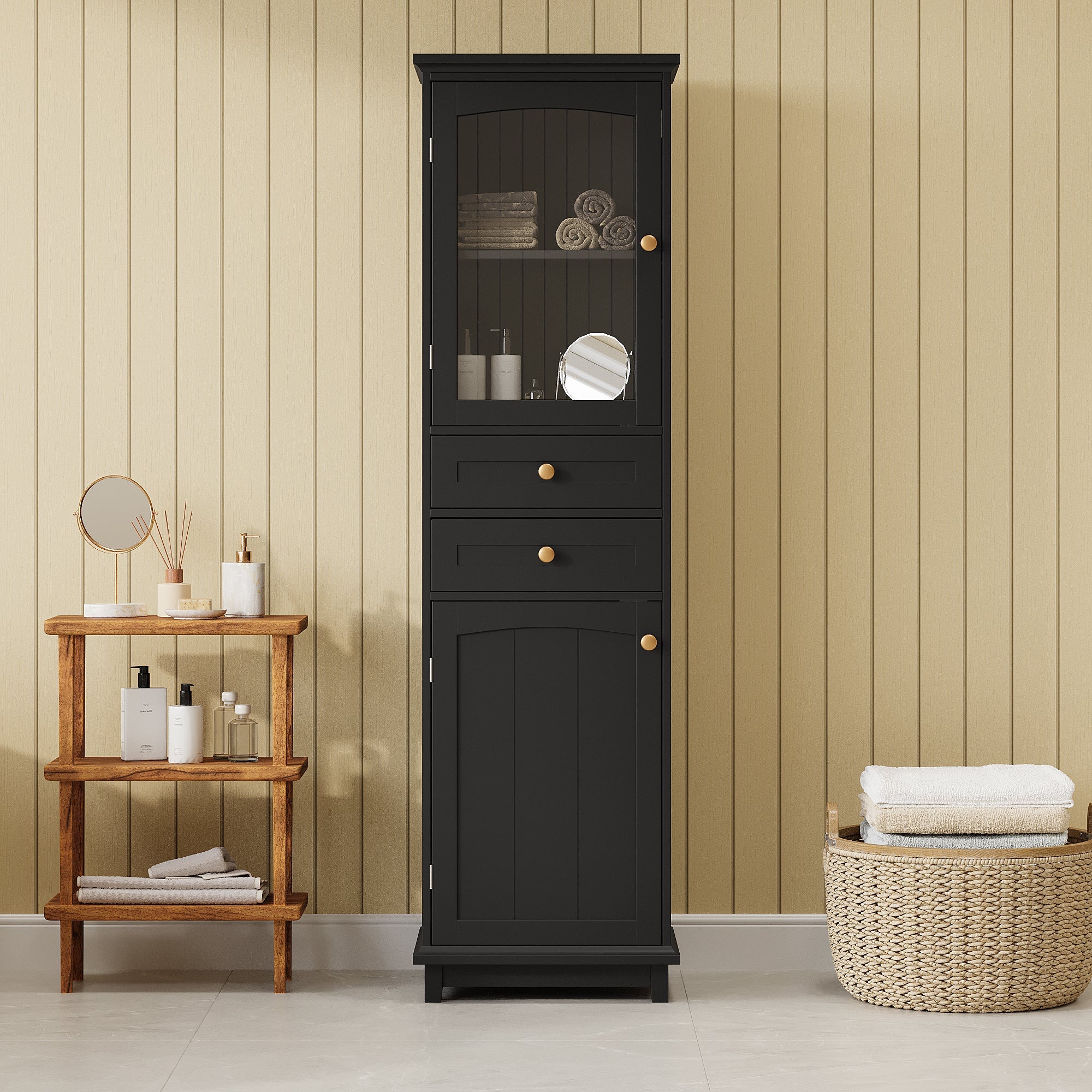 63" Tall Bathroom Storage Cabinet with Glass Doors