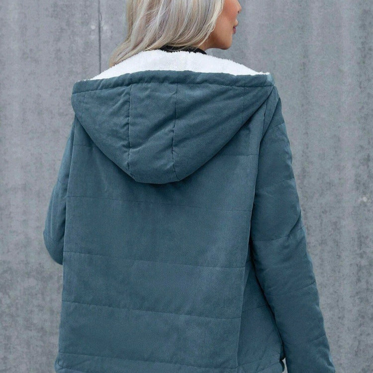 Womens Fleece-lined Hooded Loose-fit Cotton Coat Plus Size