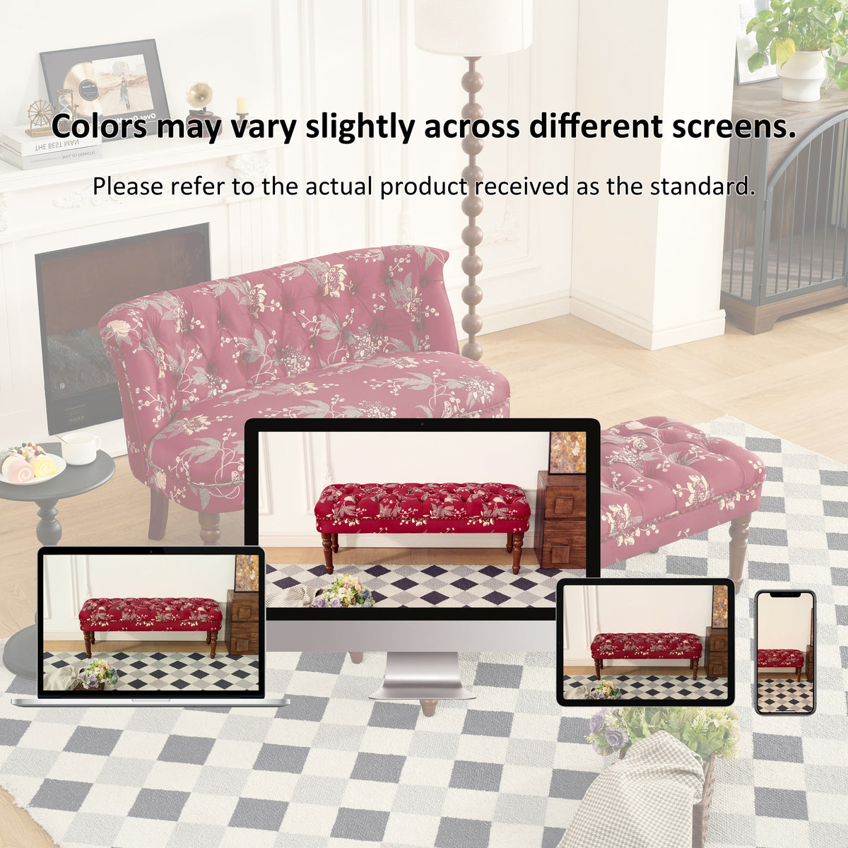 European Style Tufted Floral Bench with Turned Wood Legs