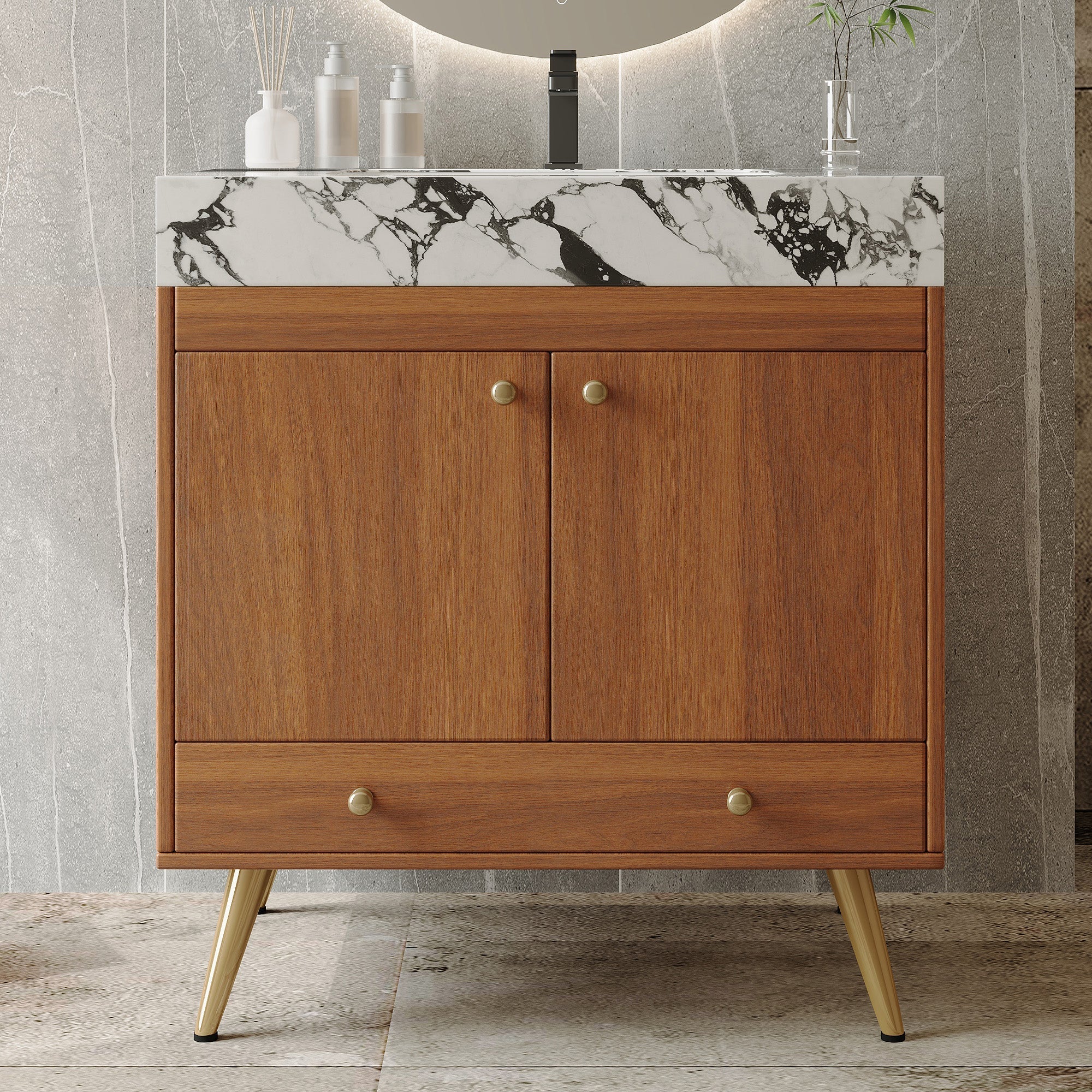 Mid-Century Freestanding Bathroom Vanity with Faux Marble Top
