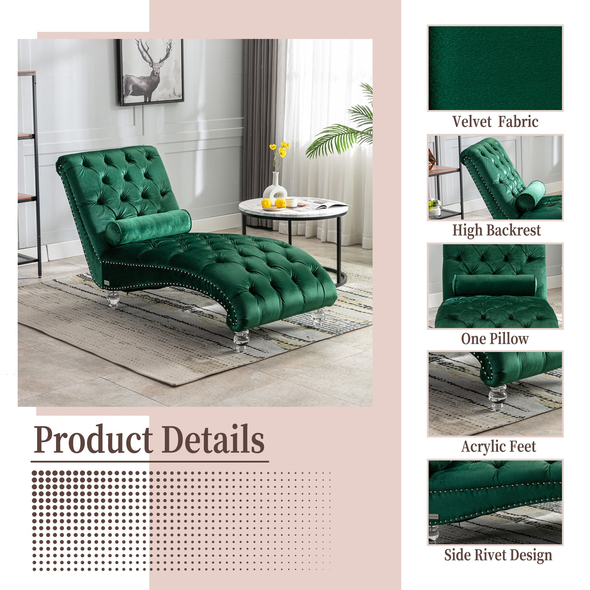 Velvet Chaise Lounge Indoor Chair (Emerald Velvet)