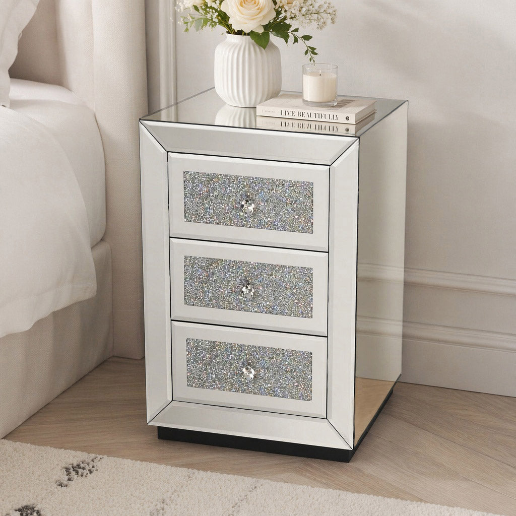 Mirrored Nightstand 3 Drawer