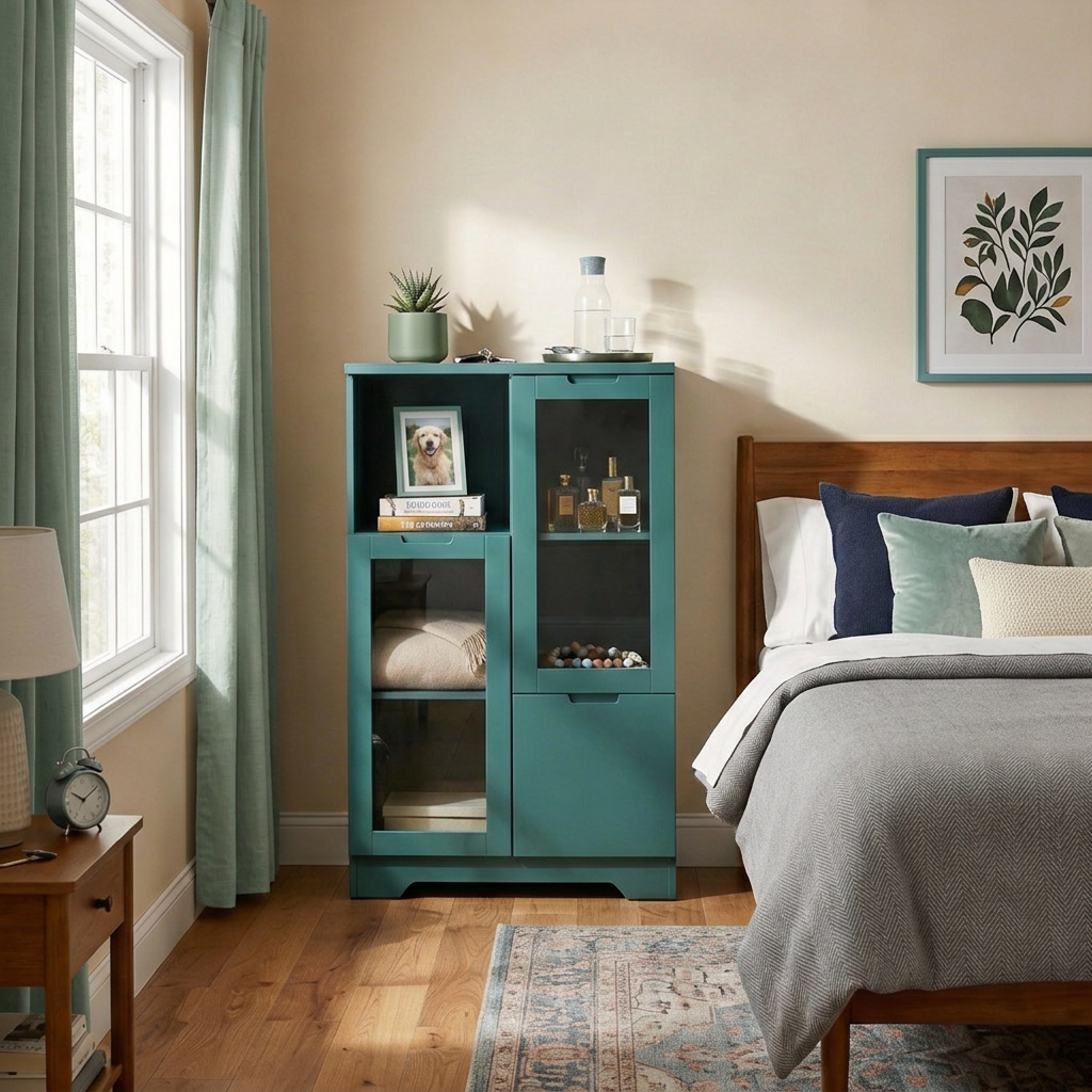 MDF Painted Cabinet with Glass Doors and Drawer