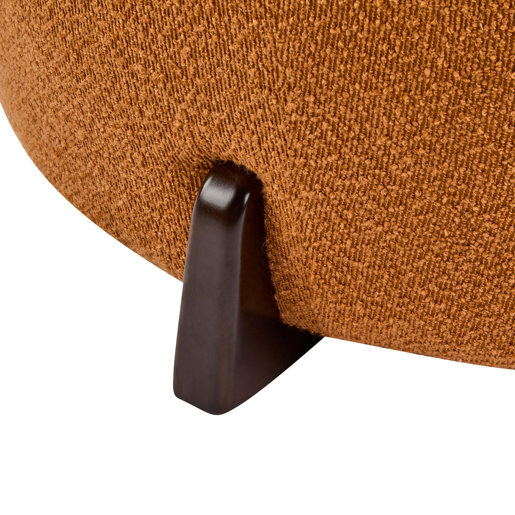 Modish Round Ottoman: Boucle Top with Splayed Rubber Wood Legs, Pumpkin