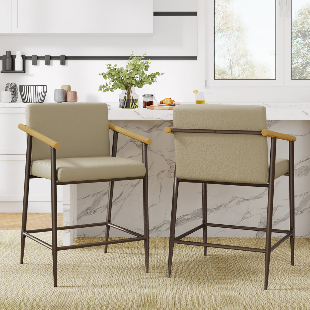 Counter Stool with Iron Frame - Set of 2 - Espresso + Khaki