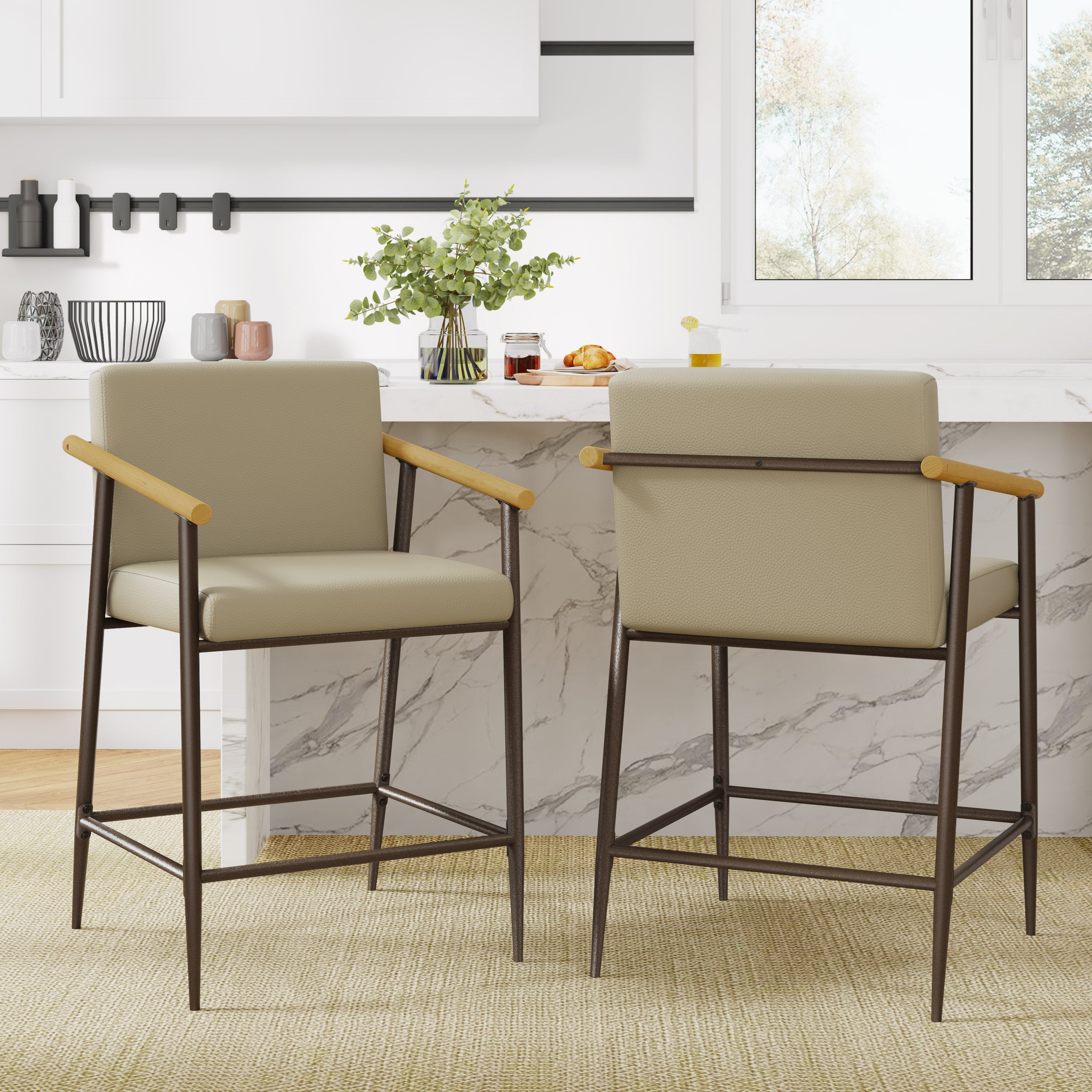 Counter Stool with Iron Frame - Set of 2 - Espresso + Khaki