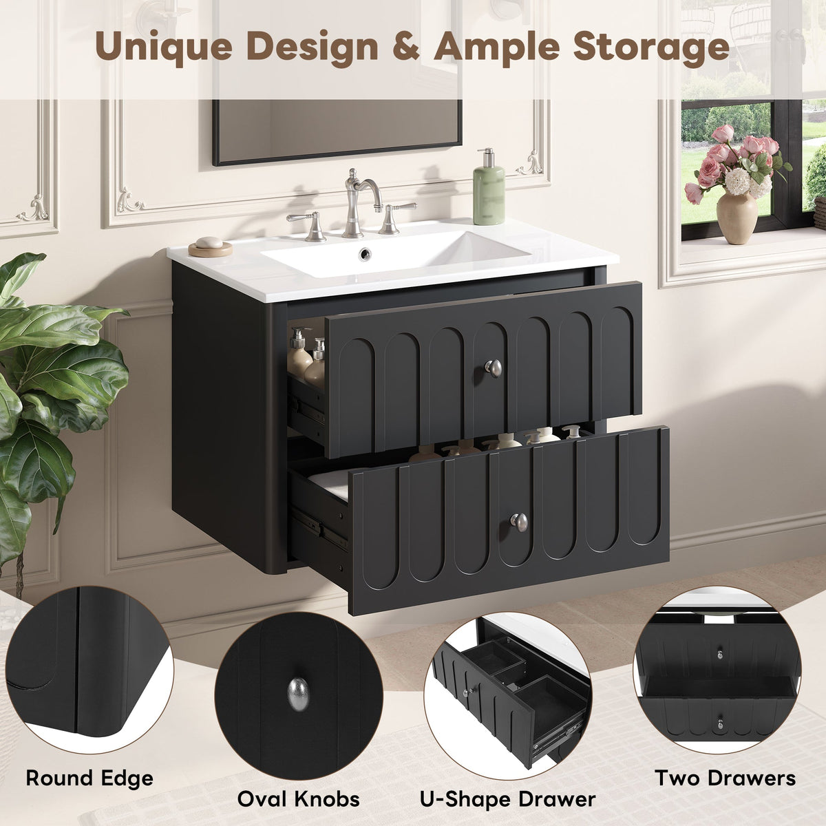 30" Modern Floating Bathroom Vanity with Oval Knobs