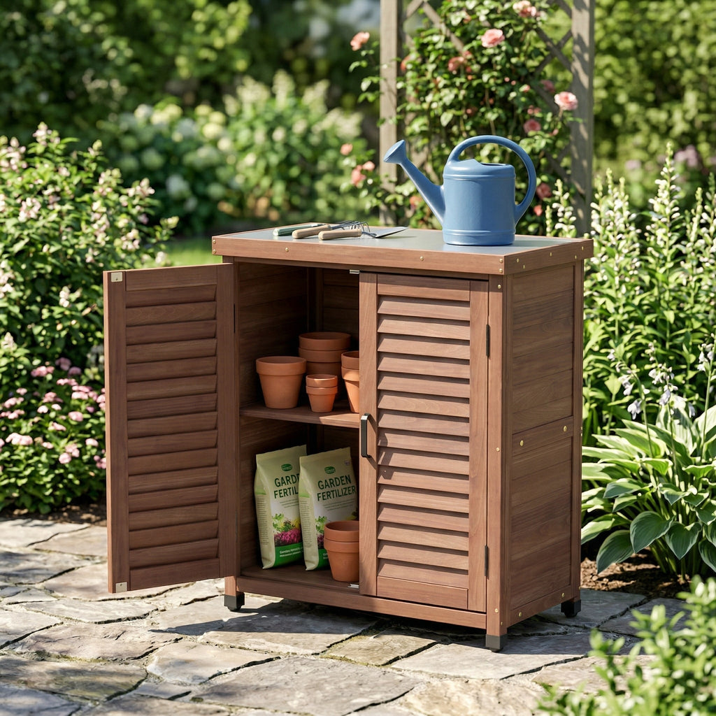 Potting Bench with Storage Cabinet and Metal Table Top