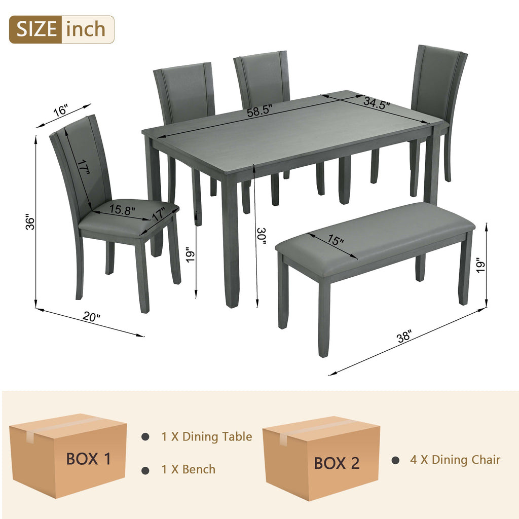 6-Piece Dining Table Set with Bench and Chairs