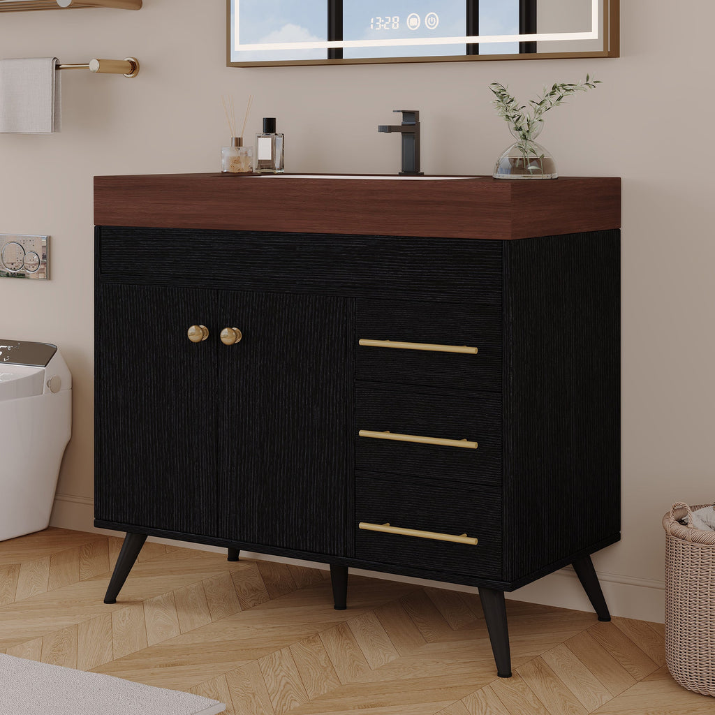 36" Freestanding Bathroom Vanity with Ceramic Sink and Faux Marble Top