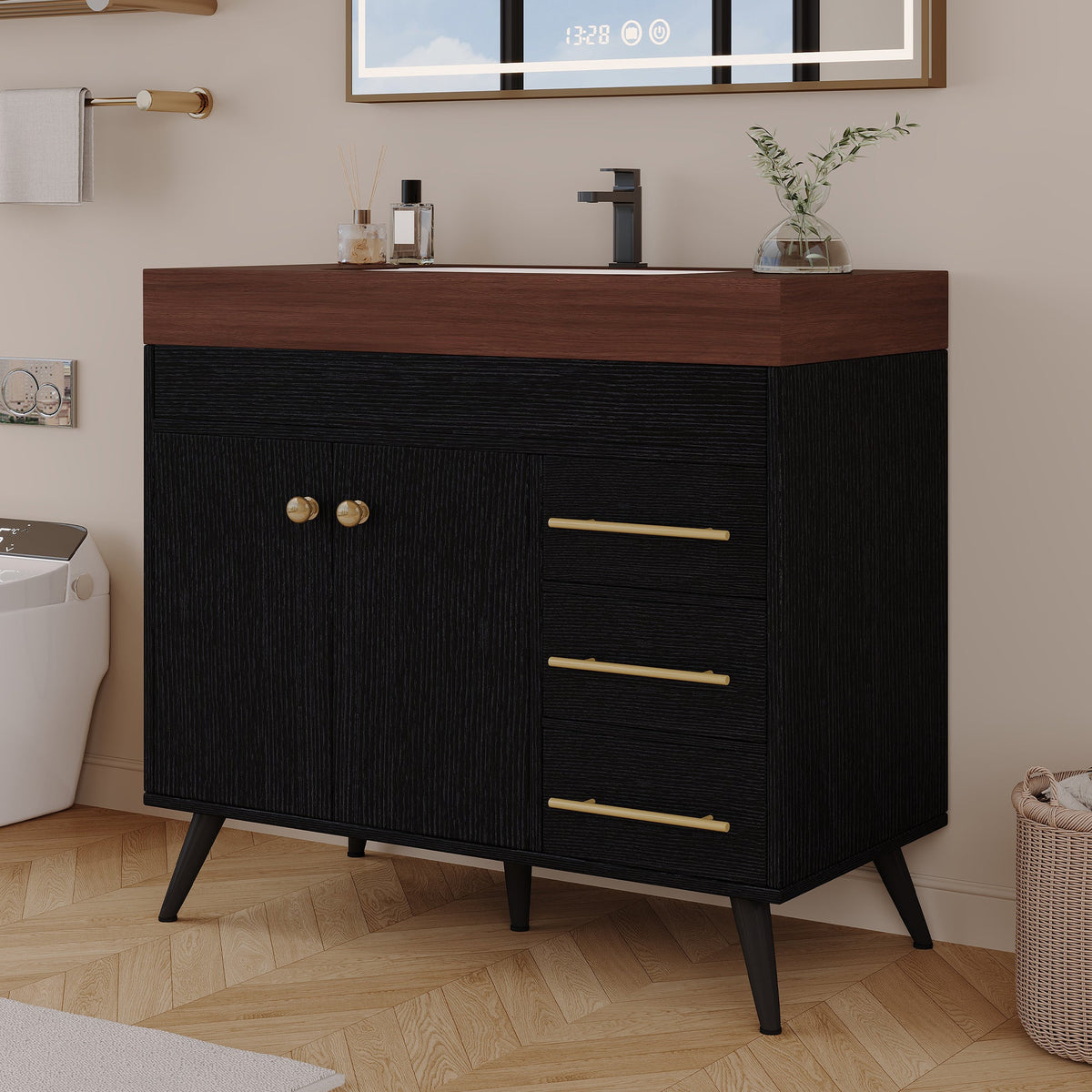 36" Freestanding Bathroom Vanity with Ceramic Sink and Faux Marble Top
