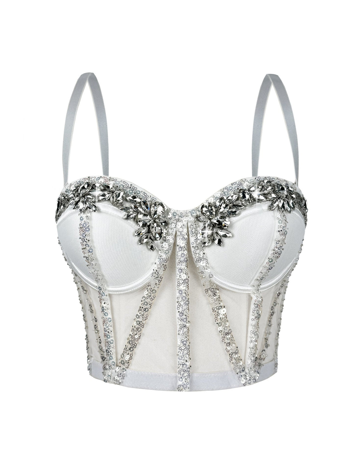 Cross-Border Rhinestone Mesh Fishbone Bra Semi-Transparent Sexy Slimming Suspender Tube Top Slimming  Diamond Fishbone Top Stage
