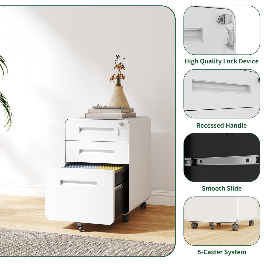 3-Drawer Wide Mobile File Cabinet with Lock