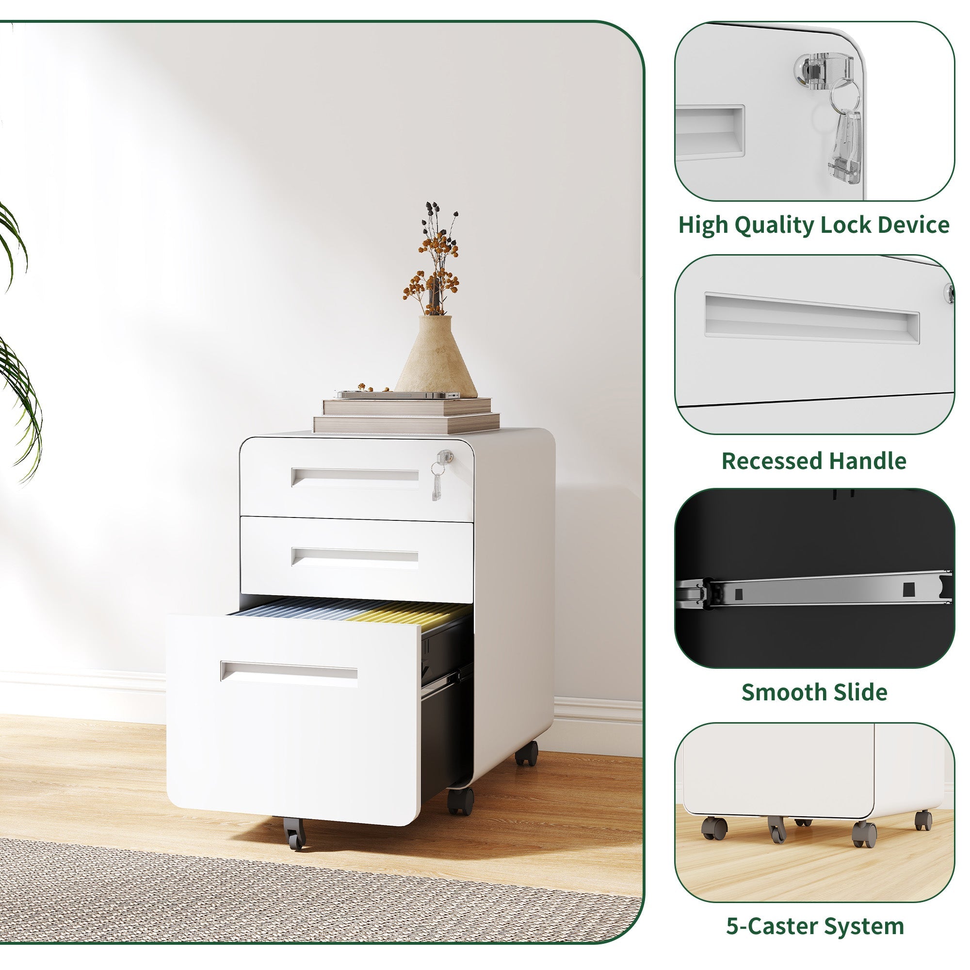 3-Drawer Wide Mobile File Cabinet with Lock