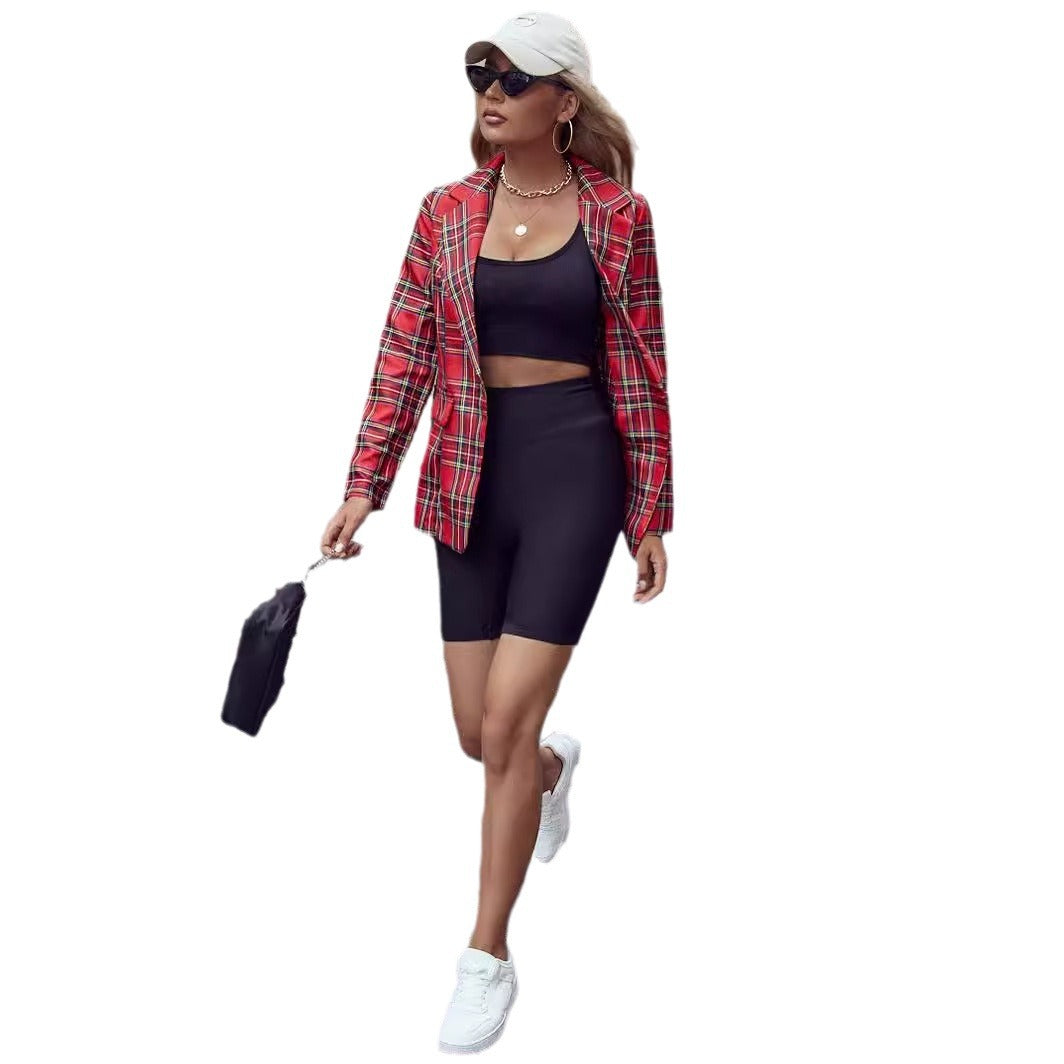Winter Christmas Red Plaid Blazer Top