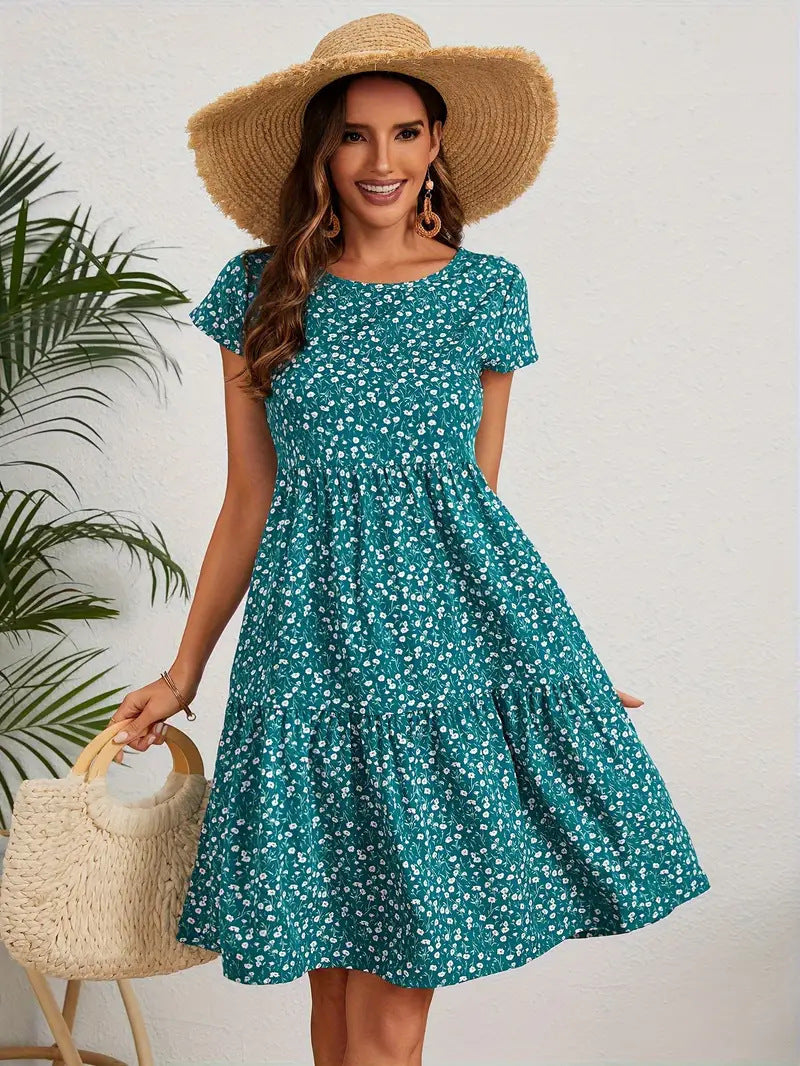 All Over Print Crew Neck Short Sleeve Casual Women's Dress