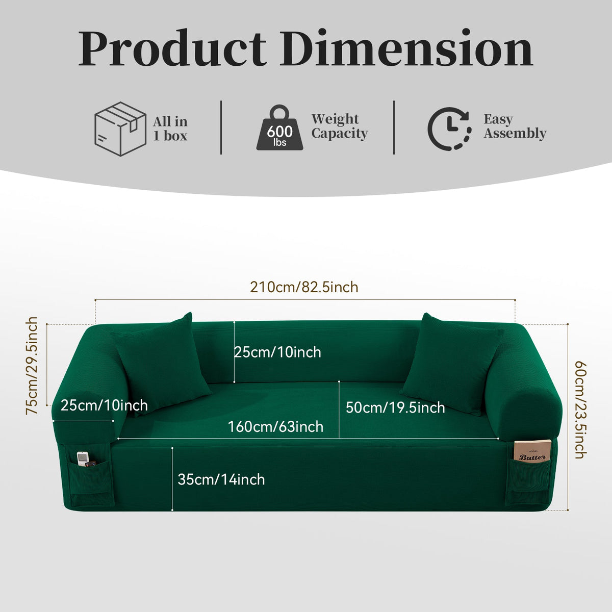 Spring Sofa with High-Quality Fabric, Pillows & Storage - Green