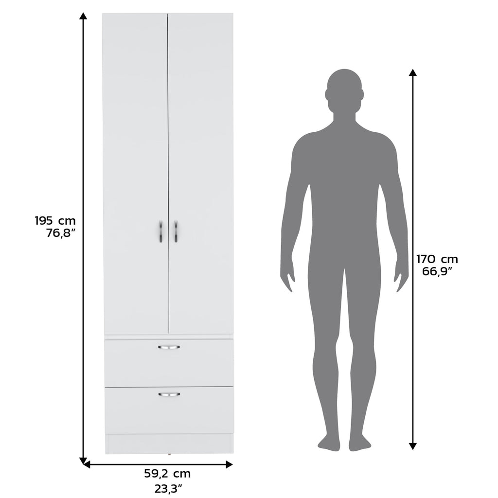 Armoire Wardrobe 76" H, Hanging Rod, 2 Drawers, 1 Shelf