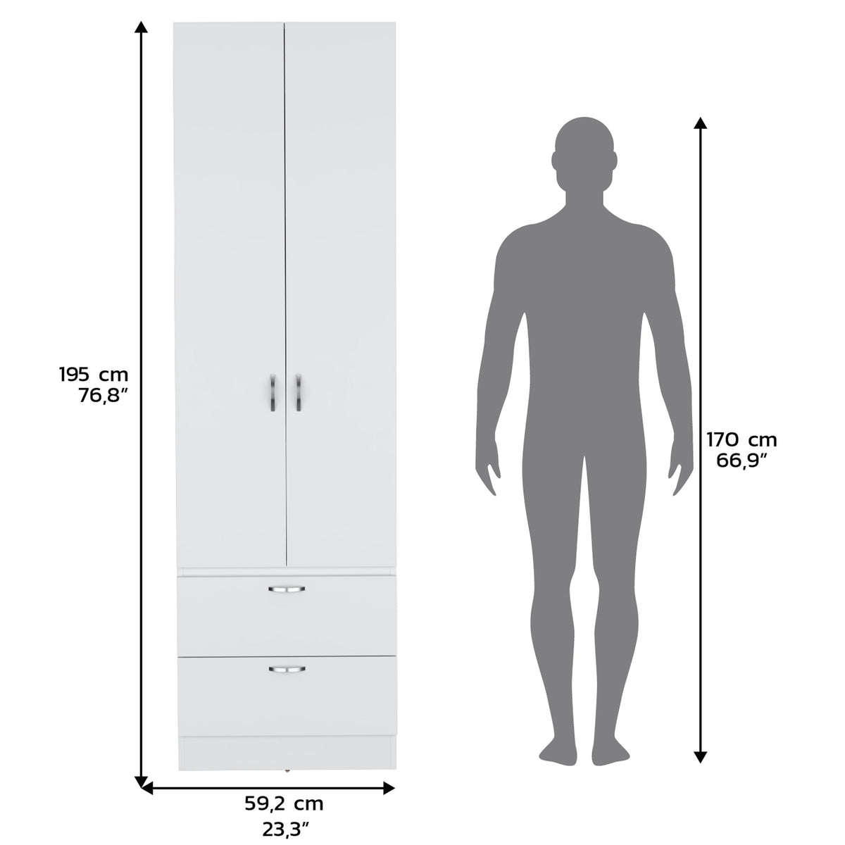 Armoire Wardrobe 76" H, Hanging Rod, 2 Drawers, 1 Shelf