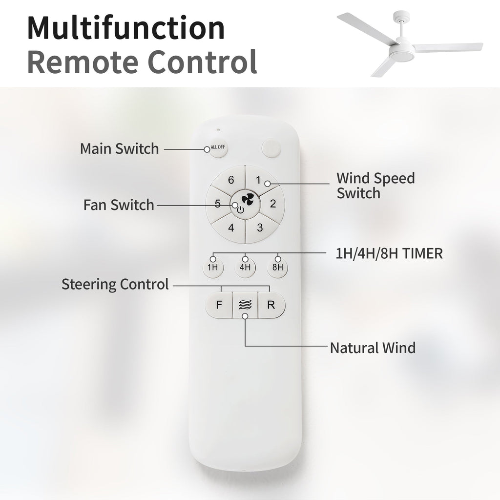 52" Ceiling Fan Without Light, 3 ABS Blades with Remote Control