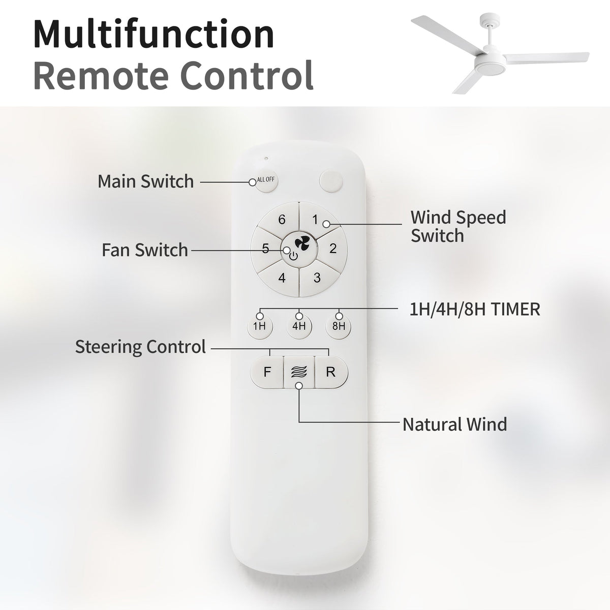 52" Ceiling Fan Without Light, 3 ABS Blades with Remote Control