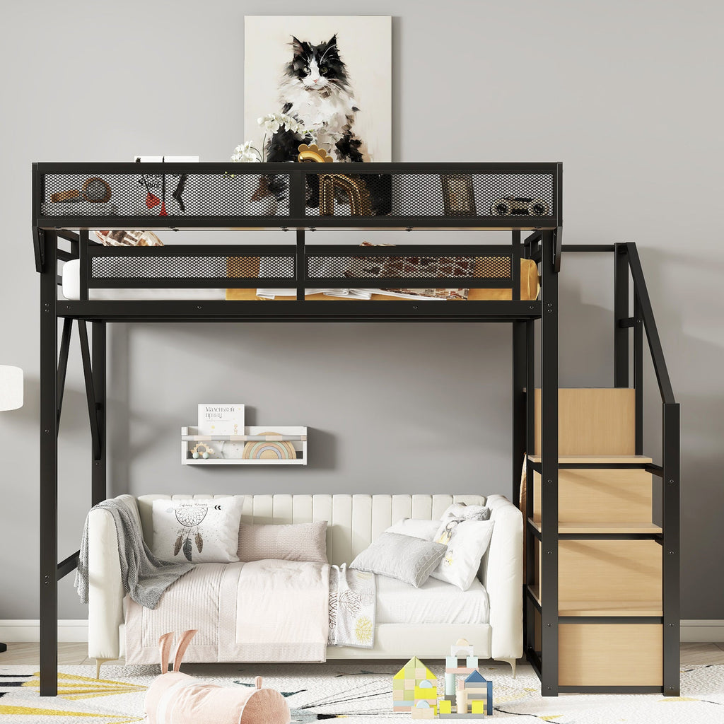 Full Size Loft Bed with Stairs and Storage Shelves