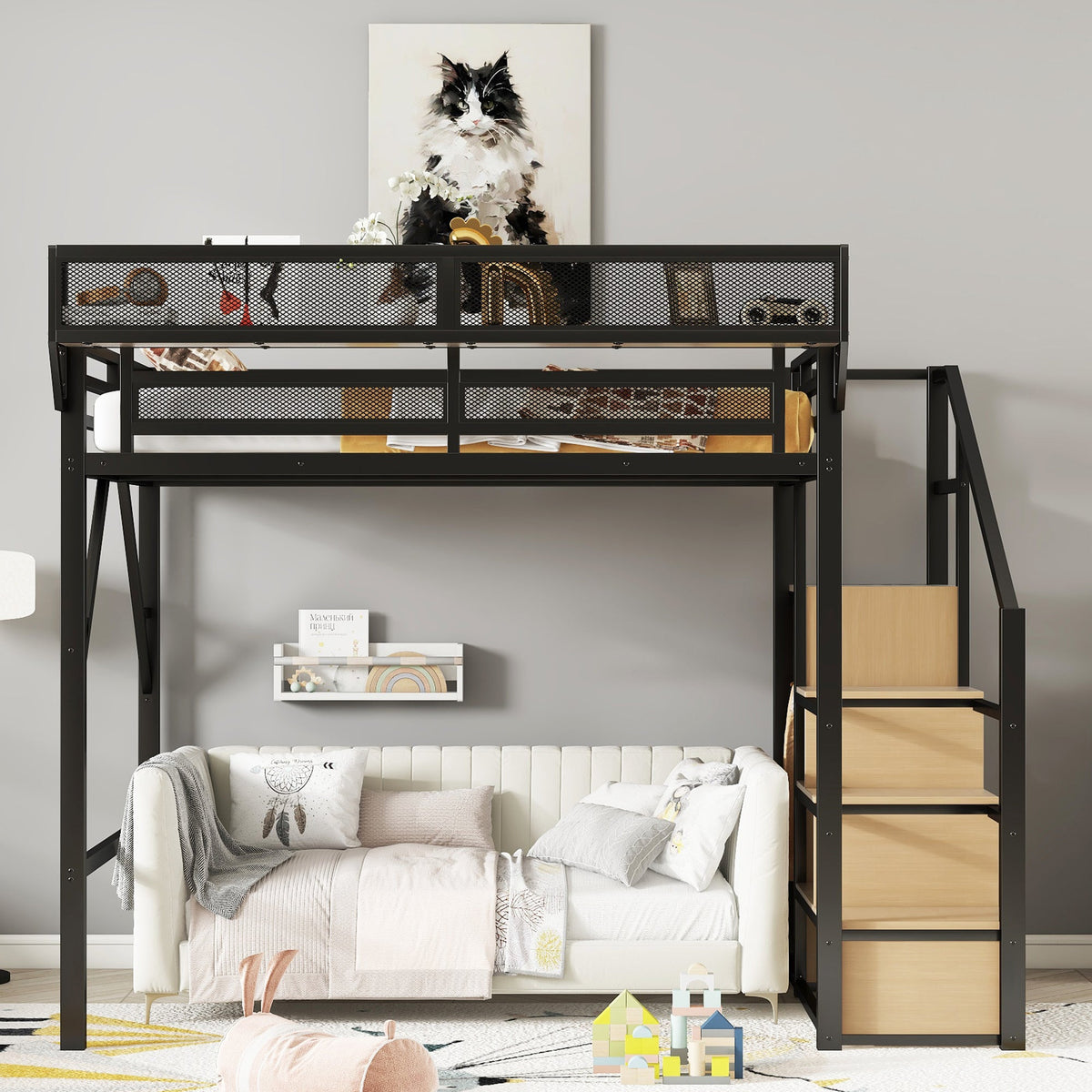 Full Size Loft Bed with Stairs and Storage Shelves