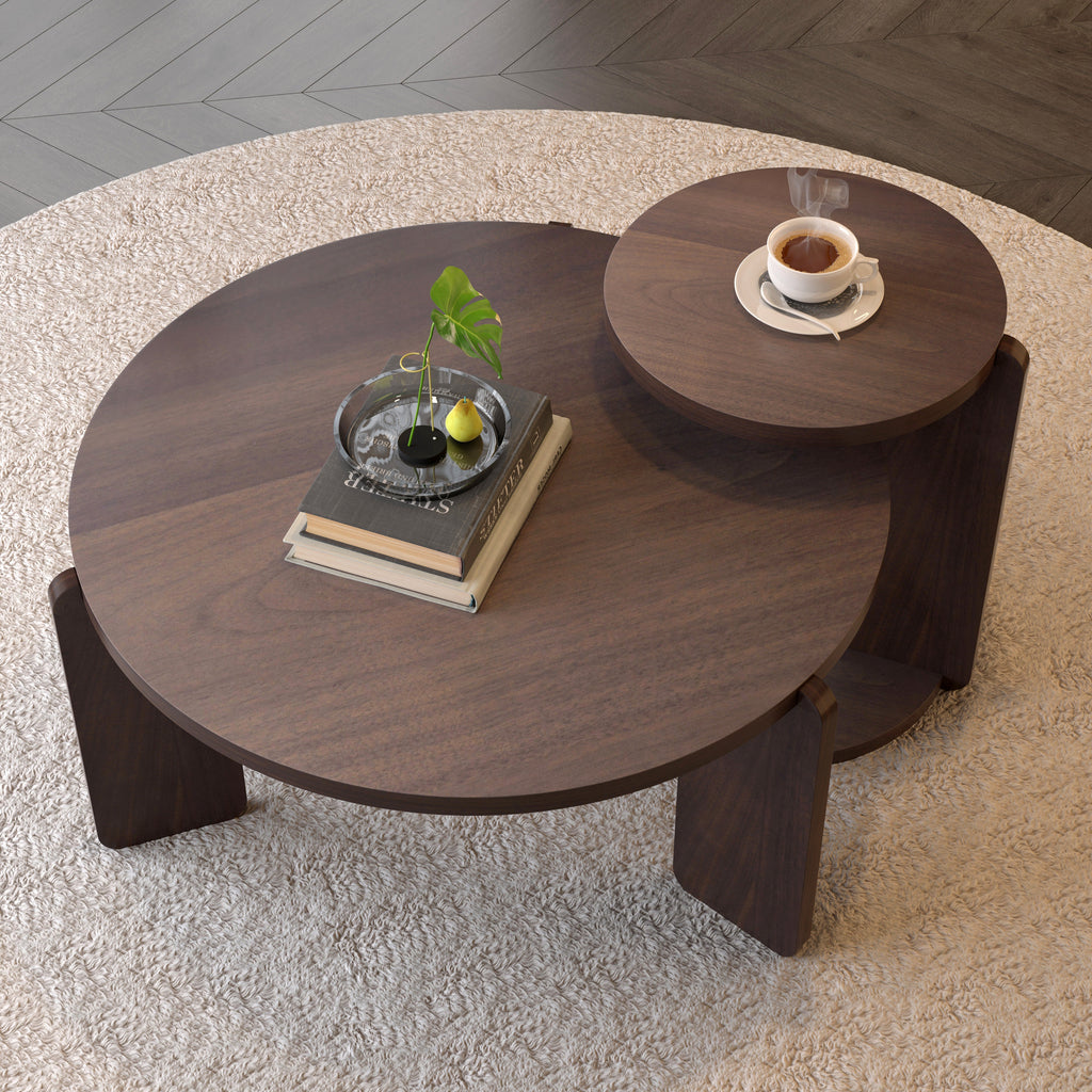 32.68 Inch Nesting Round Wood Coffee Table with End Table Set of 2
