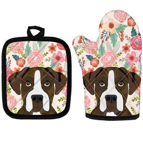 Cute Pug Print Insulated Oven Mitt And Trivet Set 2 Pieces