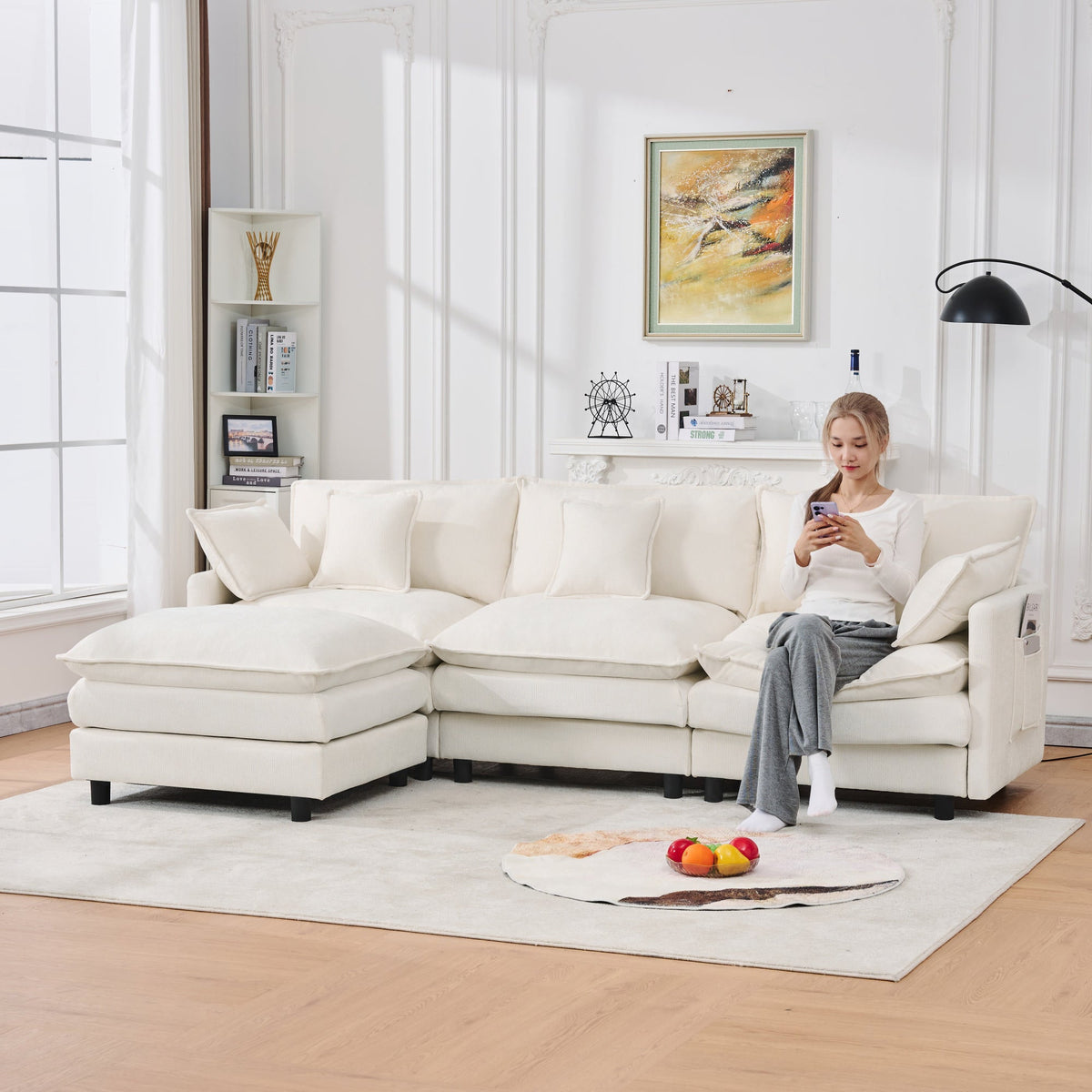 Chenille Modular Three-Seater Sofa with Movable Footstool