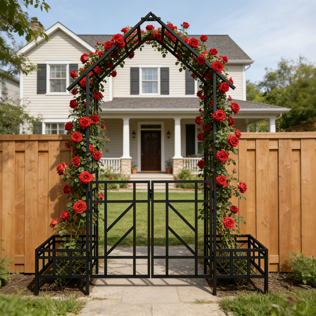 Metal Garden Arch with Gate and Planter