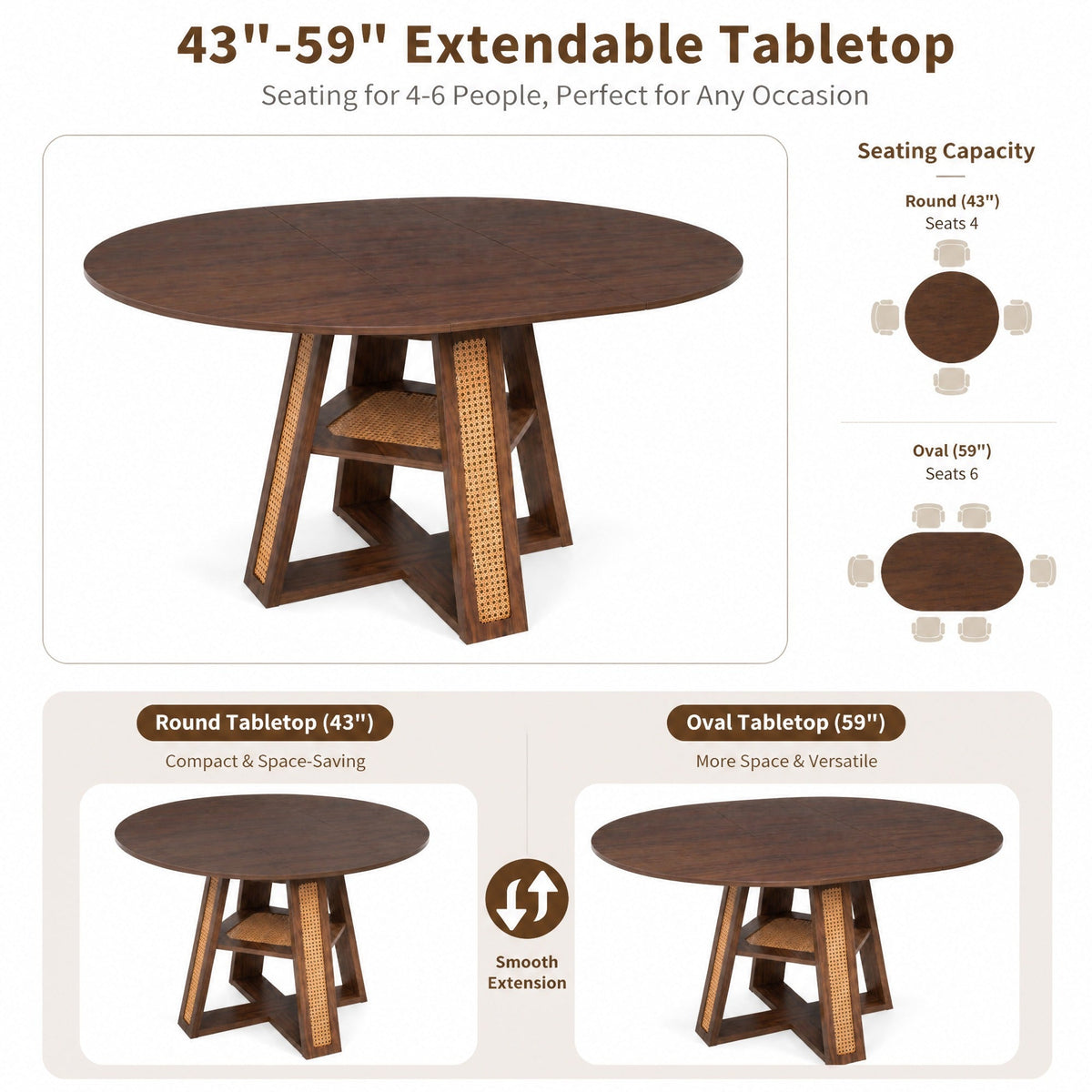 Extendable Round Dining Table for 4-6