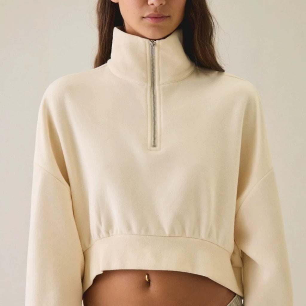 Women's Half-Zip Lapel Sweatshirt - Loose Fit Puff Sleeve Short Pullover Top Casual European Style