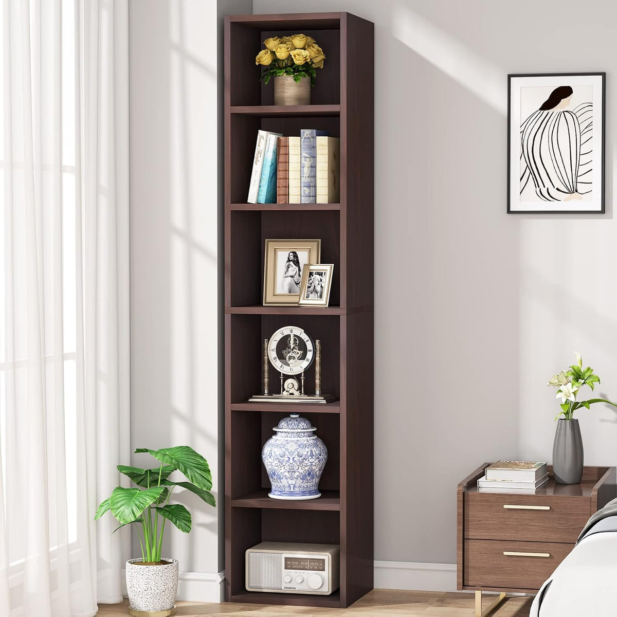 70.9" Cherry 6-Tier Narrow Corner Cube Bookcase