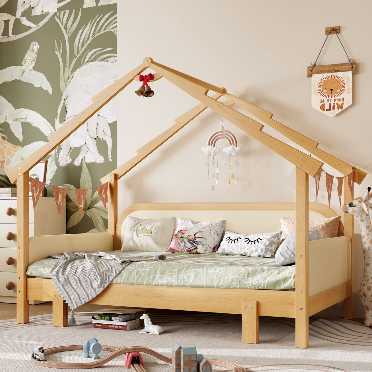 Twin Size Wood Treehouse Bed With Soft Cushion Rails