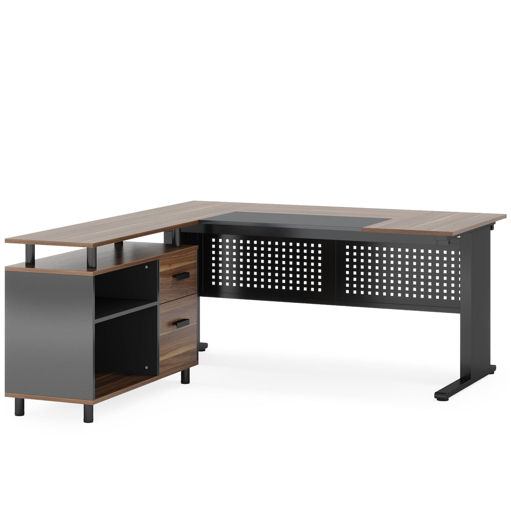 63" L-Shaped Executive Desk with File Cabinet