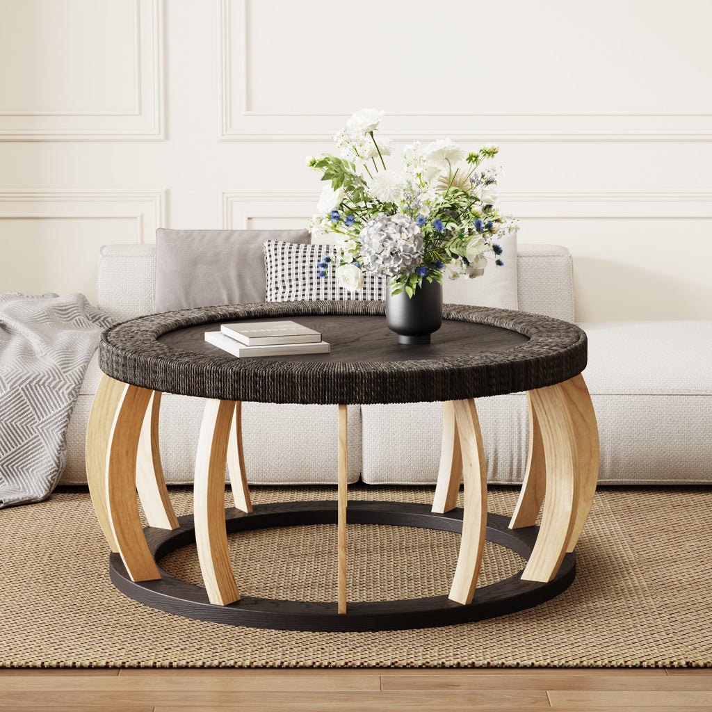 Vintage Rattan Solid Wood Round Coffee Table