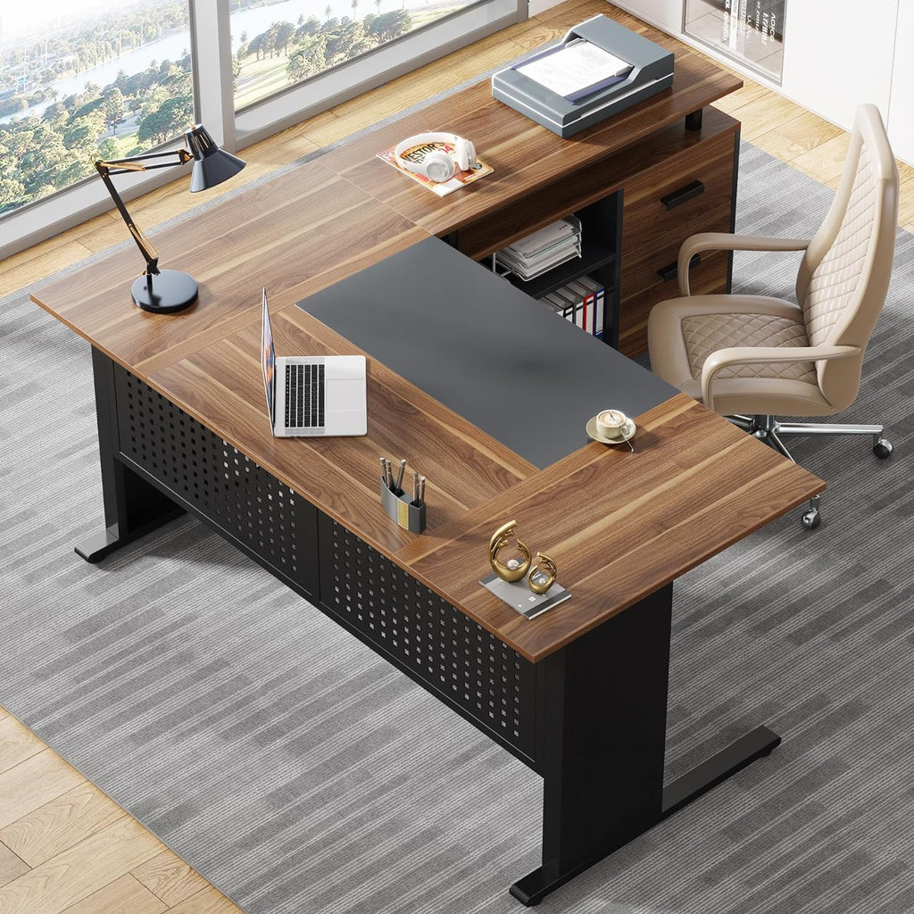 63" L-Shaped Executive Desk with File Cabinet