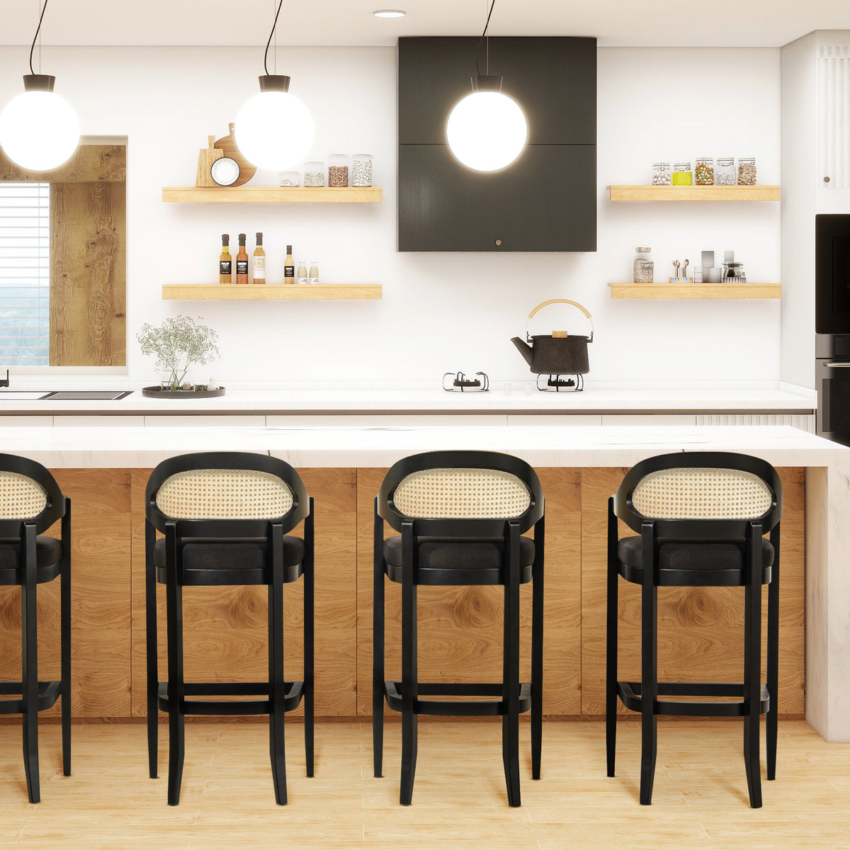 Americana Mid-Century Modern Cane Back Bar Stool in Jet