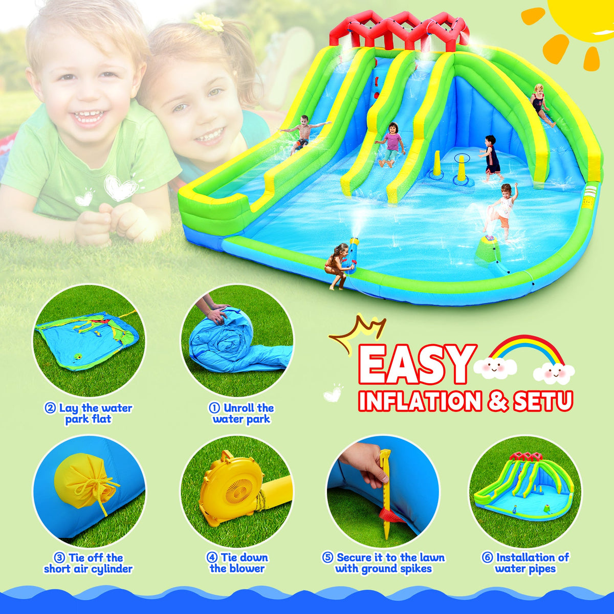 7 in 1 Inflatable Water Park with Three Slides
