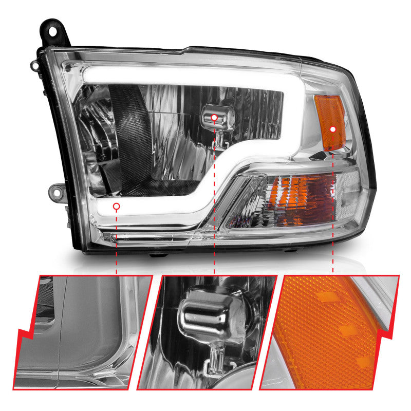 ANZO 2009-2018 Dodge Ram 1500/ 2500/ 3500 Crystal Headlights w/ Light Bar Chrome Housing 111516