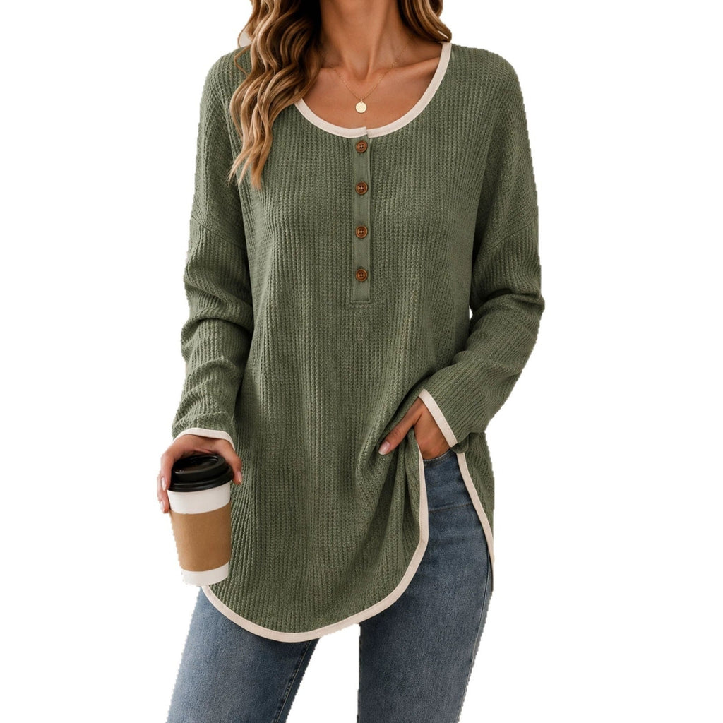 Anno's Self-developed 2026 European And American Women's Fashion Casual Round-neck Buttoned Long-sleeve Top For Amazon Independent Stores