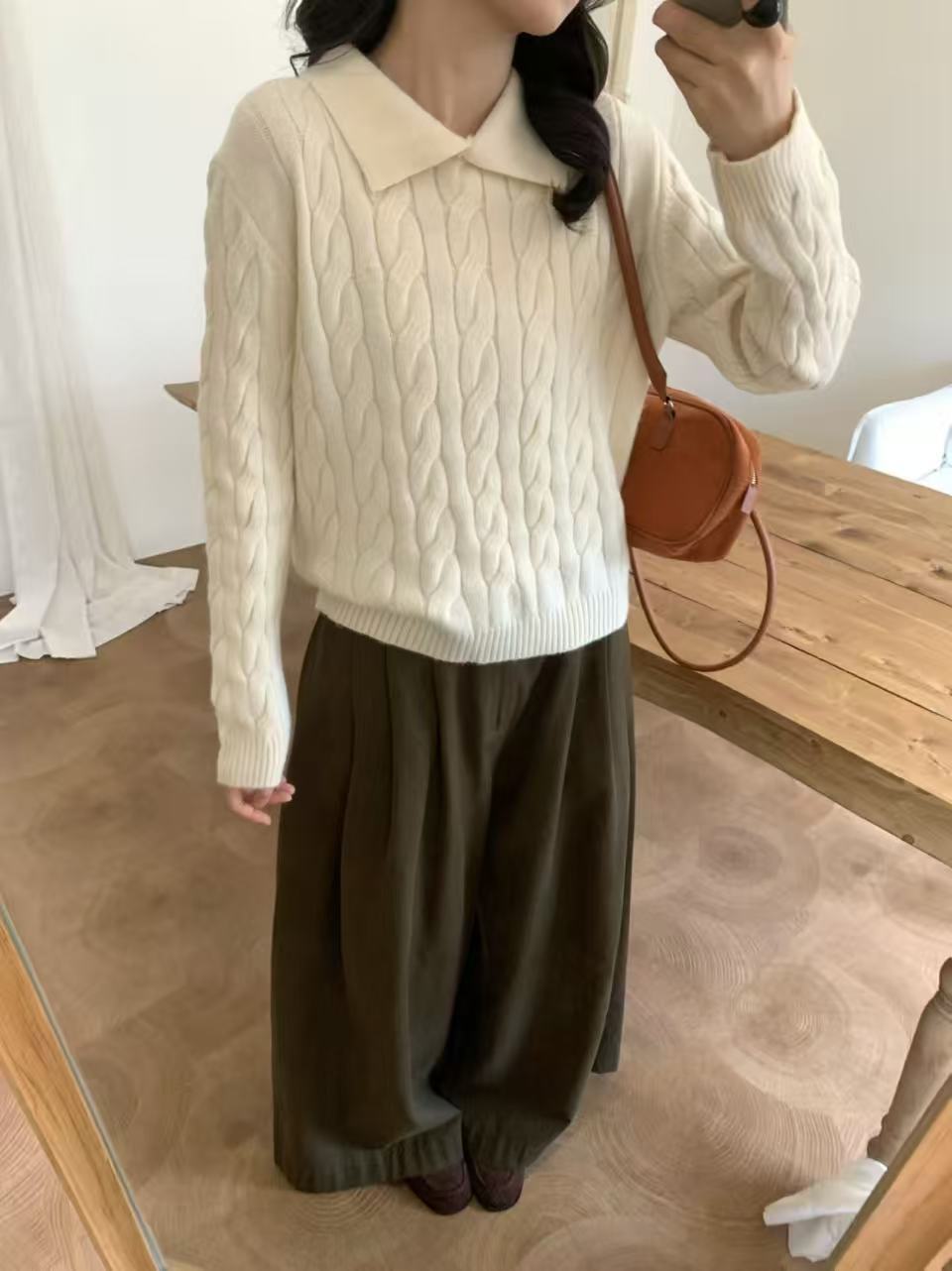 Women Lapel Cable-Knit Pullover Sweater New Arrival For Autumn And Winter Loose-Fit Pullover Knit Top For Outerwear Or Layering