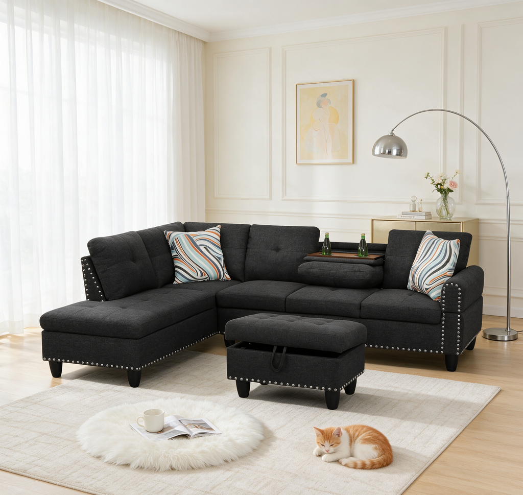 Reversible L-Shaped Sectional Couch with Storage Ottoman