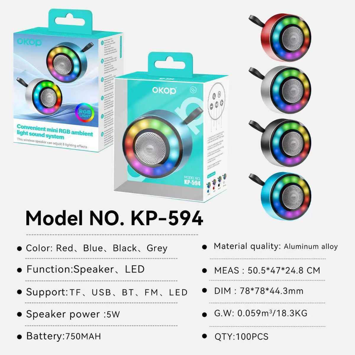 KP-594 Best-selling Metal Mini Bluetooth Speaker Wireless Portable Outdoor-Ready TF Card Support Heavy Bass RGB Lighting In Stock