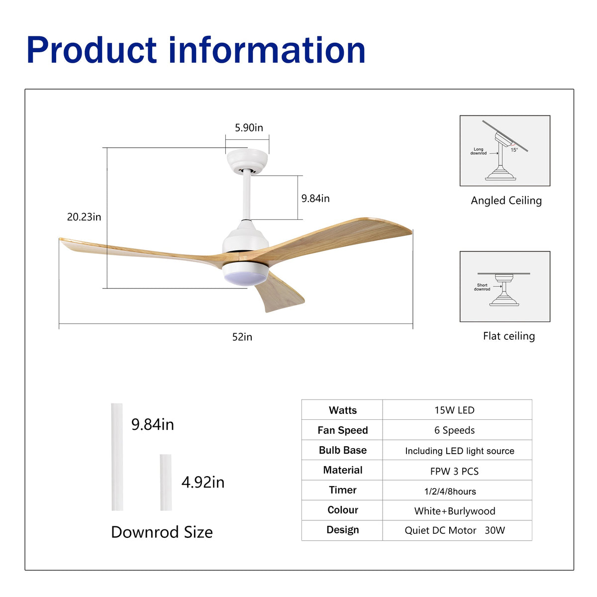 52" Solid Wood Blades Ceiling Fan with Lights Remote Control