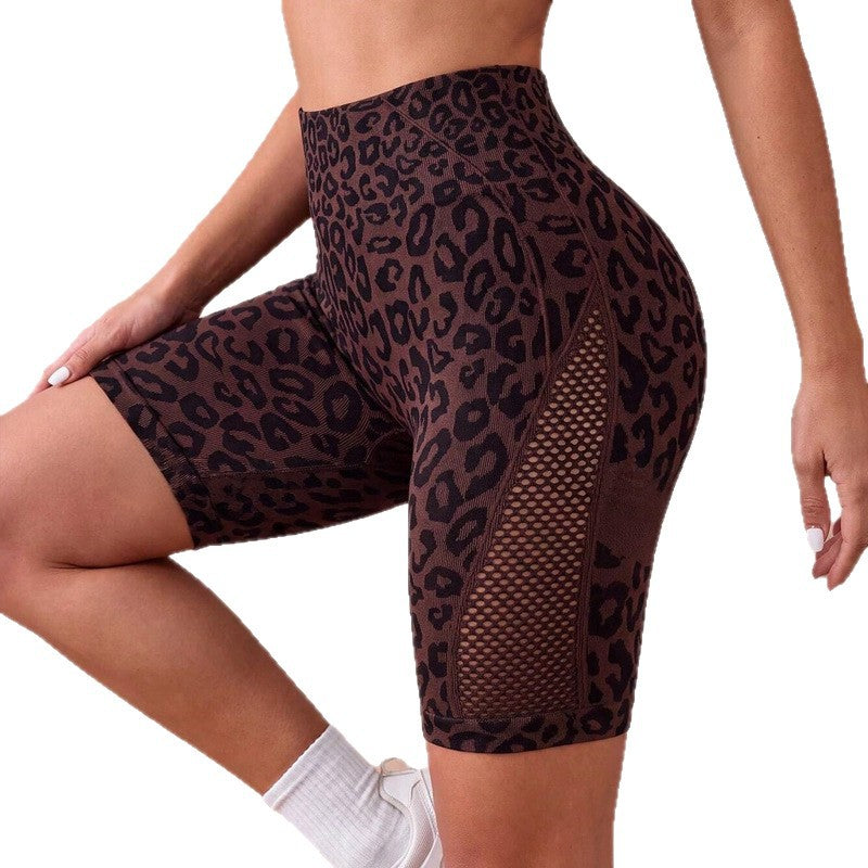 New Cross-border Product Leopard Print Yoga Shorts For Women With Side Cutouts, High-waisted, Butt-lifting, Athletic Shorts, Peach Butt Fitness Pants