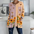 Women Sunflower Butterfly Striped Patchwork Long-Sleeve Tunic Top